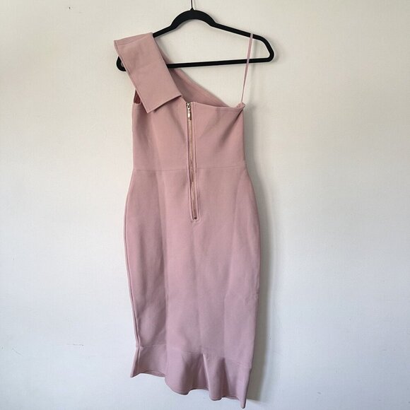 Few Moda Size L Pink One-Shoulder Asymmetrical Ruffle Hem Midi Dress Bodycon - Picture 12 of 15
